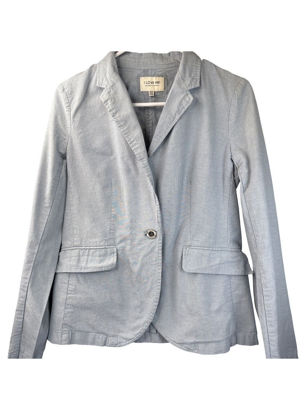 I Love H81 Forever 21 Blue & White Striped 1 Button Cotton Blazer Medium